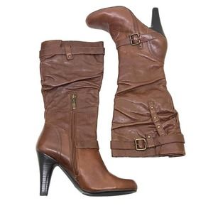 Guess slouchy cognac brown knee high heeled boots soft leather buckle size 8.5
